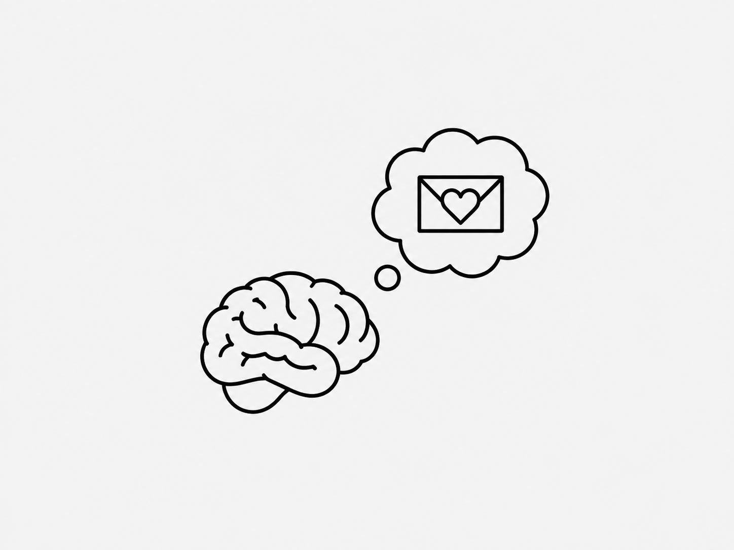 A brain with a thought bubble that contains a love letter