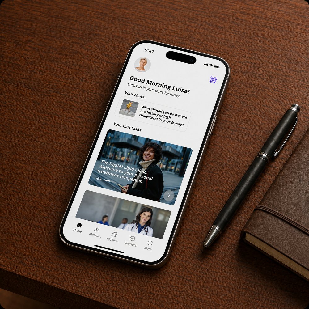 Die myoncare Patienten-App auf einem Smartphone: persönliche Begrüßung, ein Hinweis zur familiären Cholesterin-Vorgeschichte und die Caretasks des Tages.
