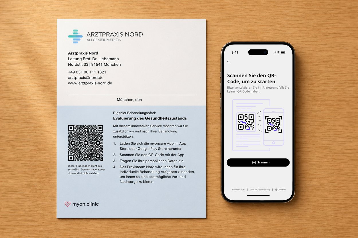 Anschreiben der Praxis mit QR-Code neben einem Smartphone, das den Scan-Bildschirm der myon.clinic App zeigt