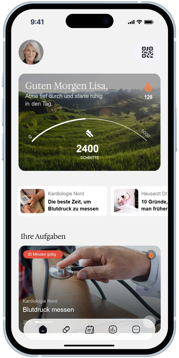 myoncare Patient App: Startbildschirm mit Begrüßung, Schrittzähler, Neuigkeiten des Behandlungsteams und den offenen Aufgaben des Tages.