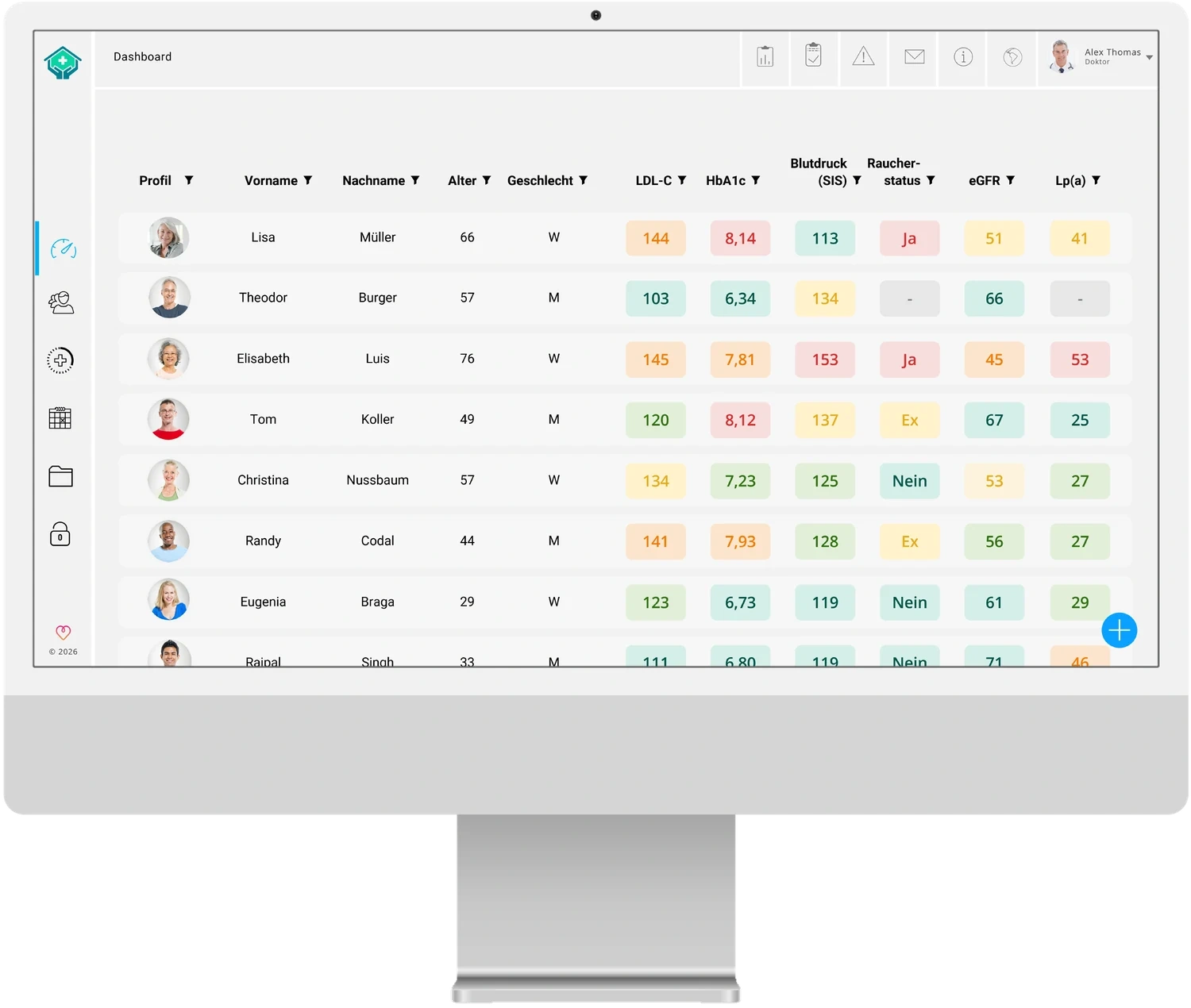 myoncare Dashboard: Patientenübersicht mit Alter, Geschlecht und farblich markierten Laborwerten wie LDL-C, HbA1c, Blutdruck, eGFR und Lp(a) zur schnellen Triage.