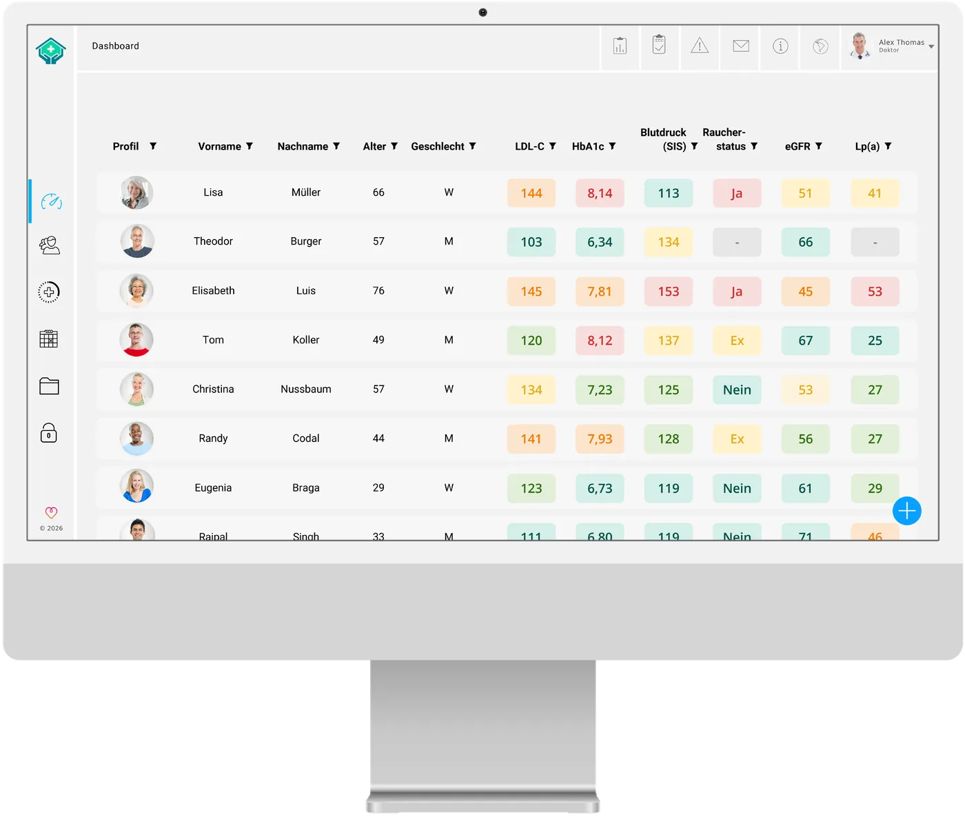 Patientenübersicht in myoncare: Liste von Patientinnen und Patienten mit farblich markierten Messwerten.
