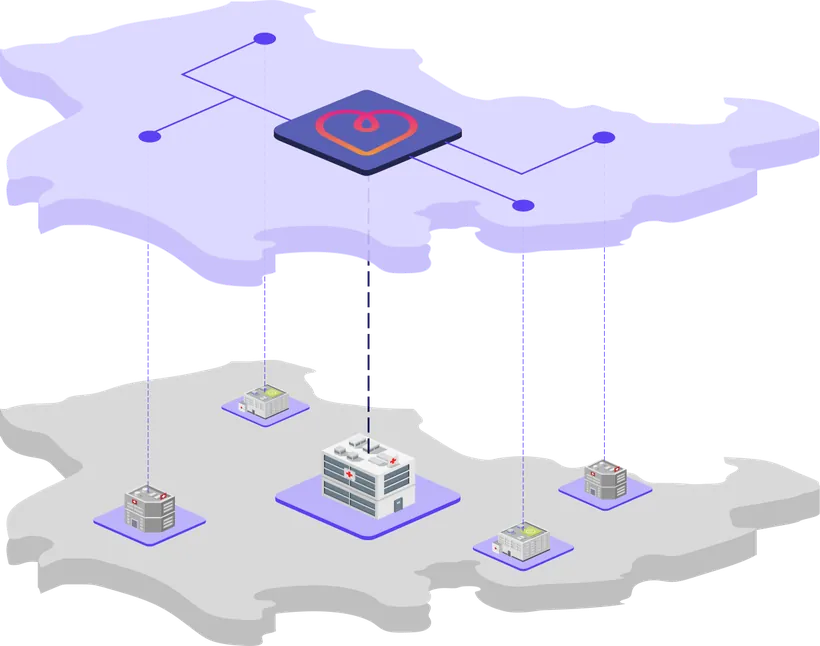 Skizze: ein großes Zentrum mit vier angebundenen peripheren Häusern über eine digitale Ebene.