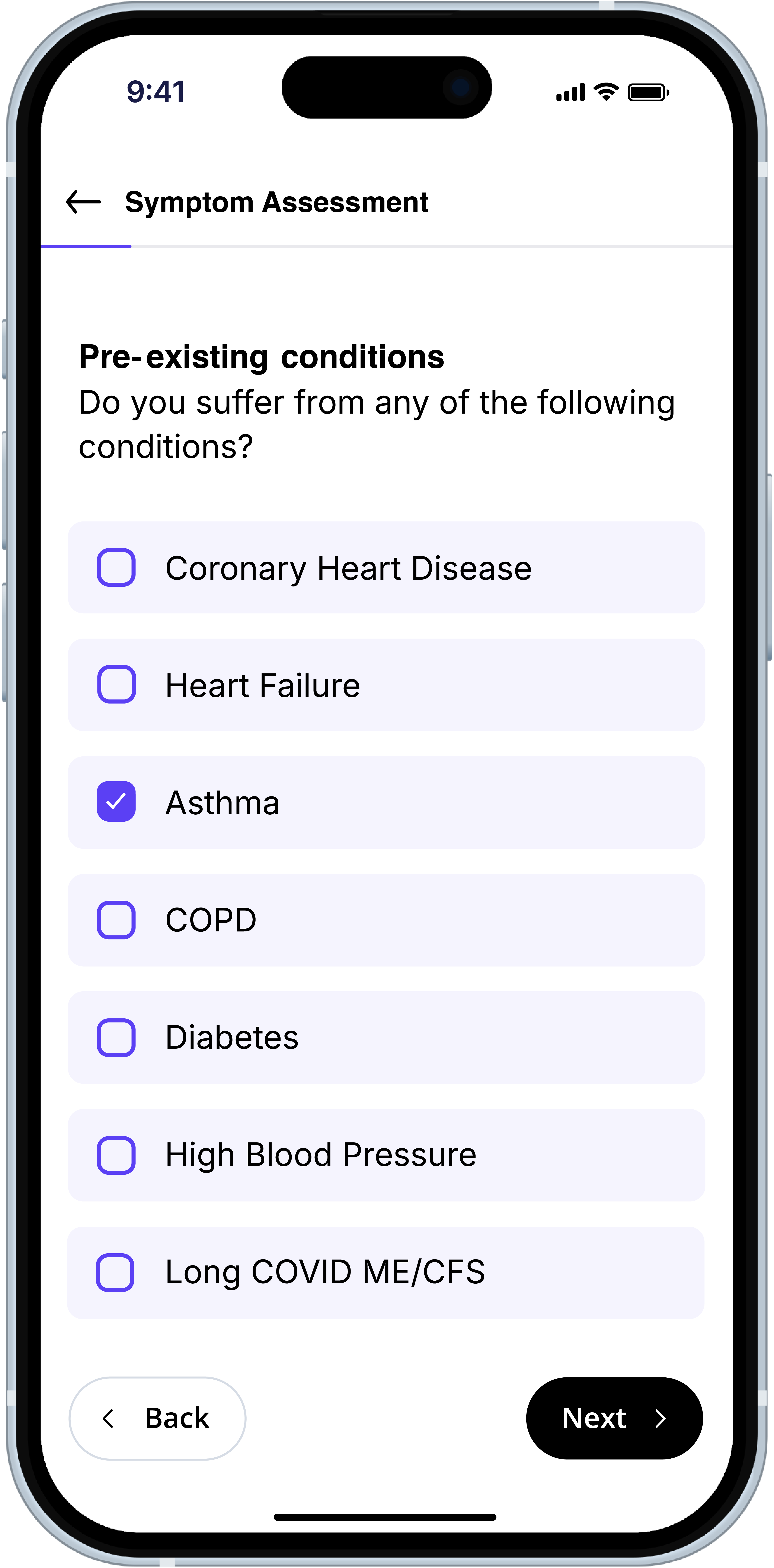 myoncare patient app: weekly blood pressure check with a selection of the symptoms experienced.