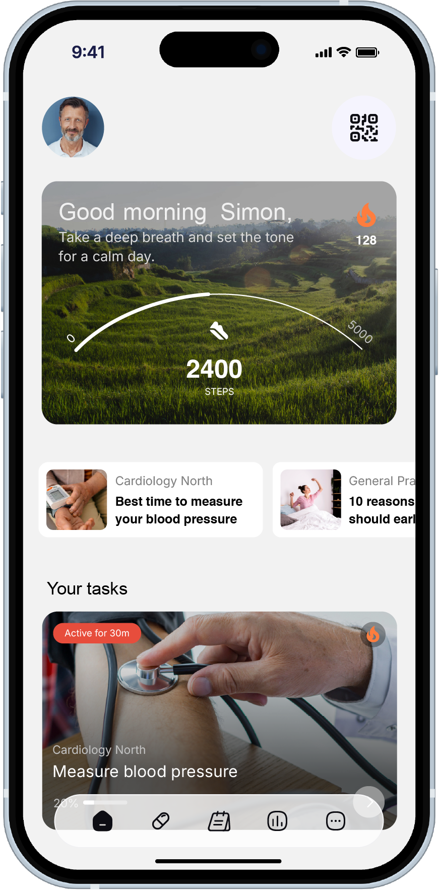 myoncare Patient App: home screen with a welcome message, news and the open Caretasks for the day.