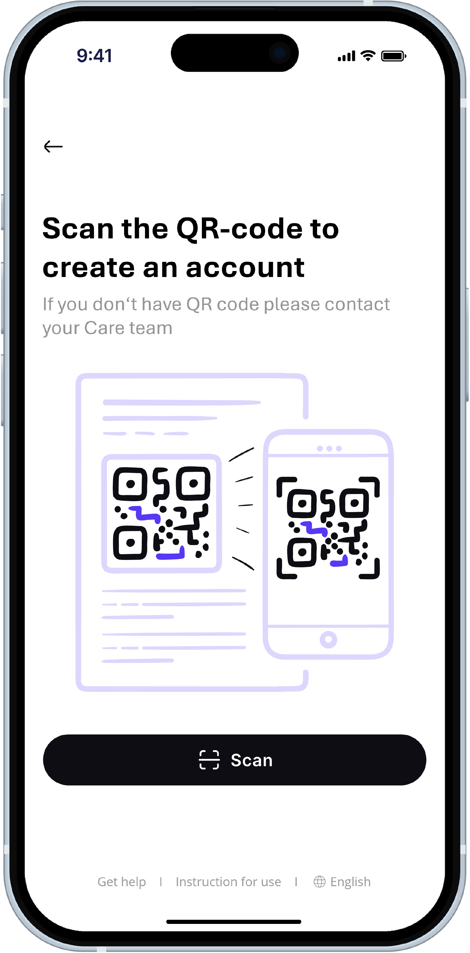 myoncare patient app: prompt to scan the care team’s QR code to get started.