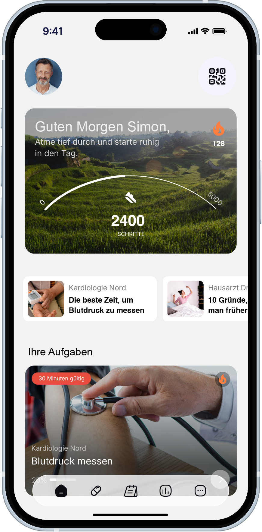 myoncare Patient App: Startbildschirm mit Begrüßung, Neuigkeiten und den offenen Caretasks des Tages.