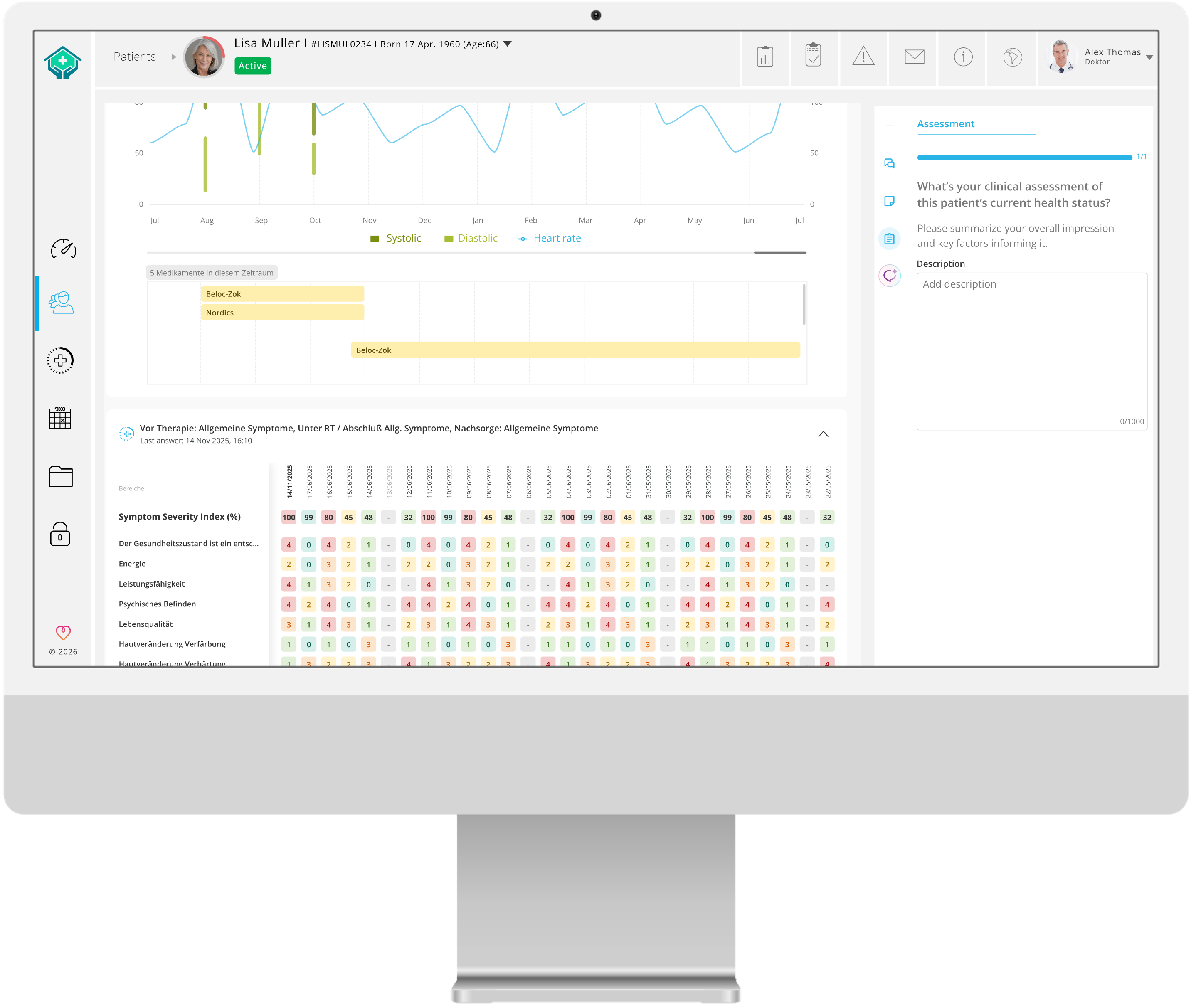 myoncare Care Manager: a care pathway whose assessment branches into three different monitoring questionnaires depending on the answer.