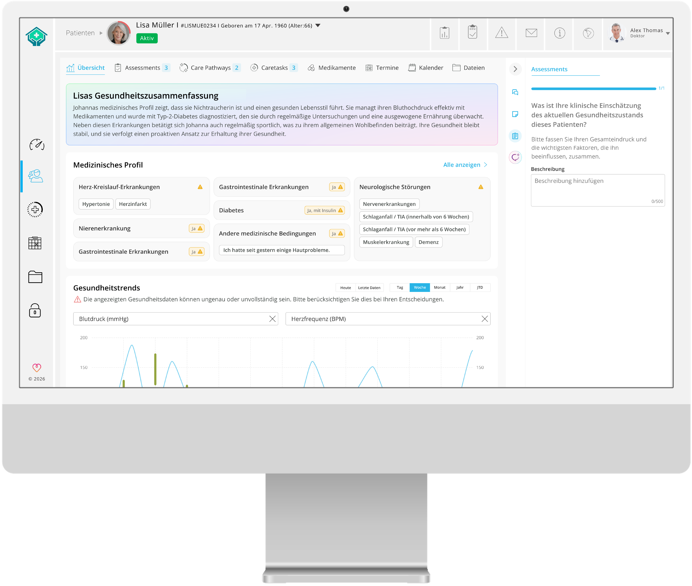 myoncare Care Manager: a care pathway whose assessment branches into three different monitoring questionnaires depending on the answer.