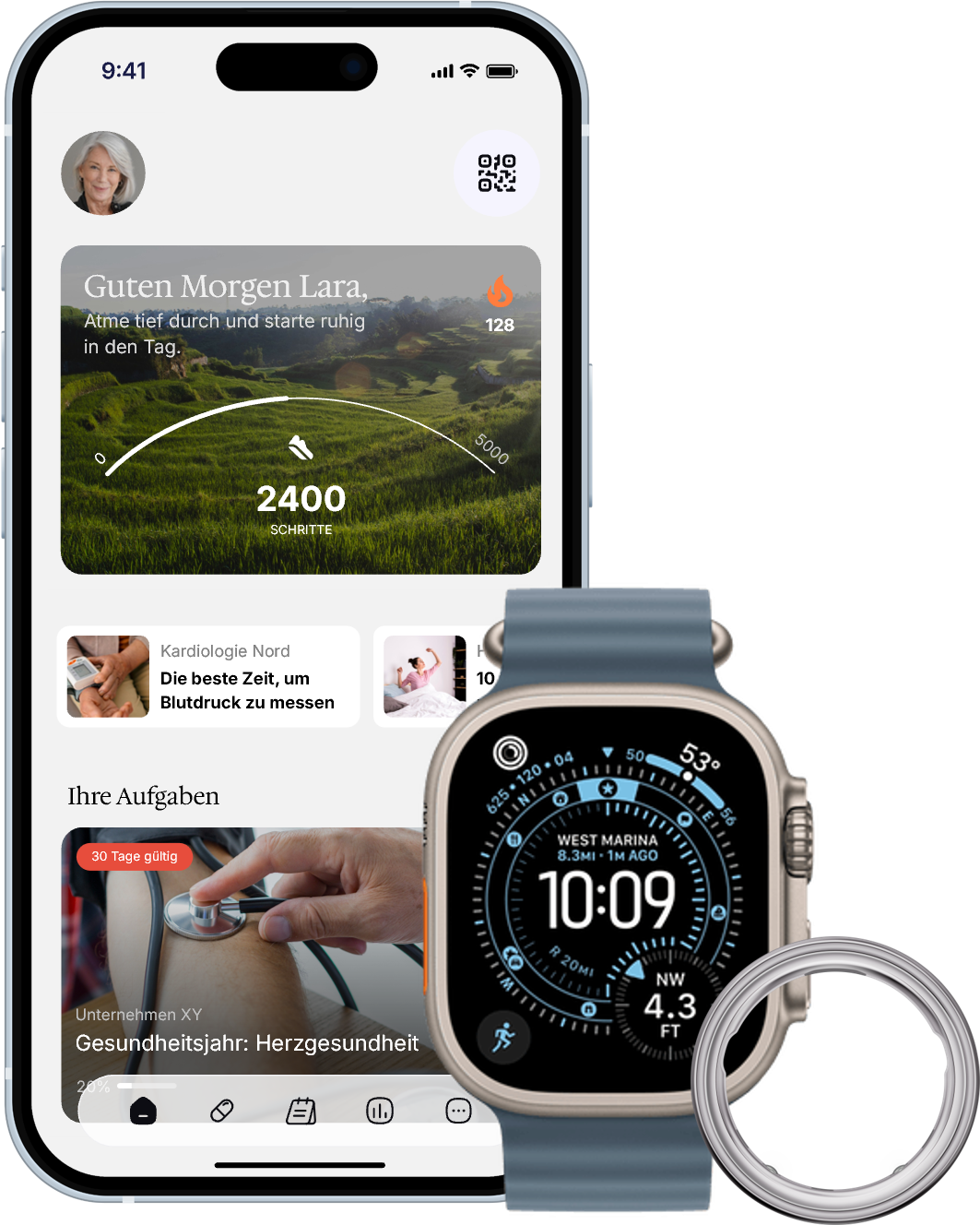 The myoncare app on a smartphone and the platform in a browser