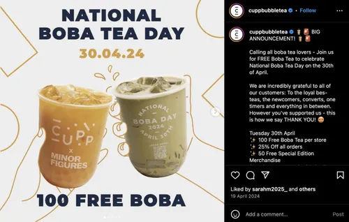 CUPP Instagram post in National Boba Tea Day