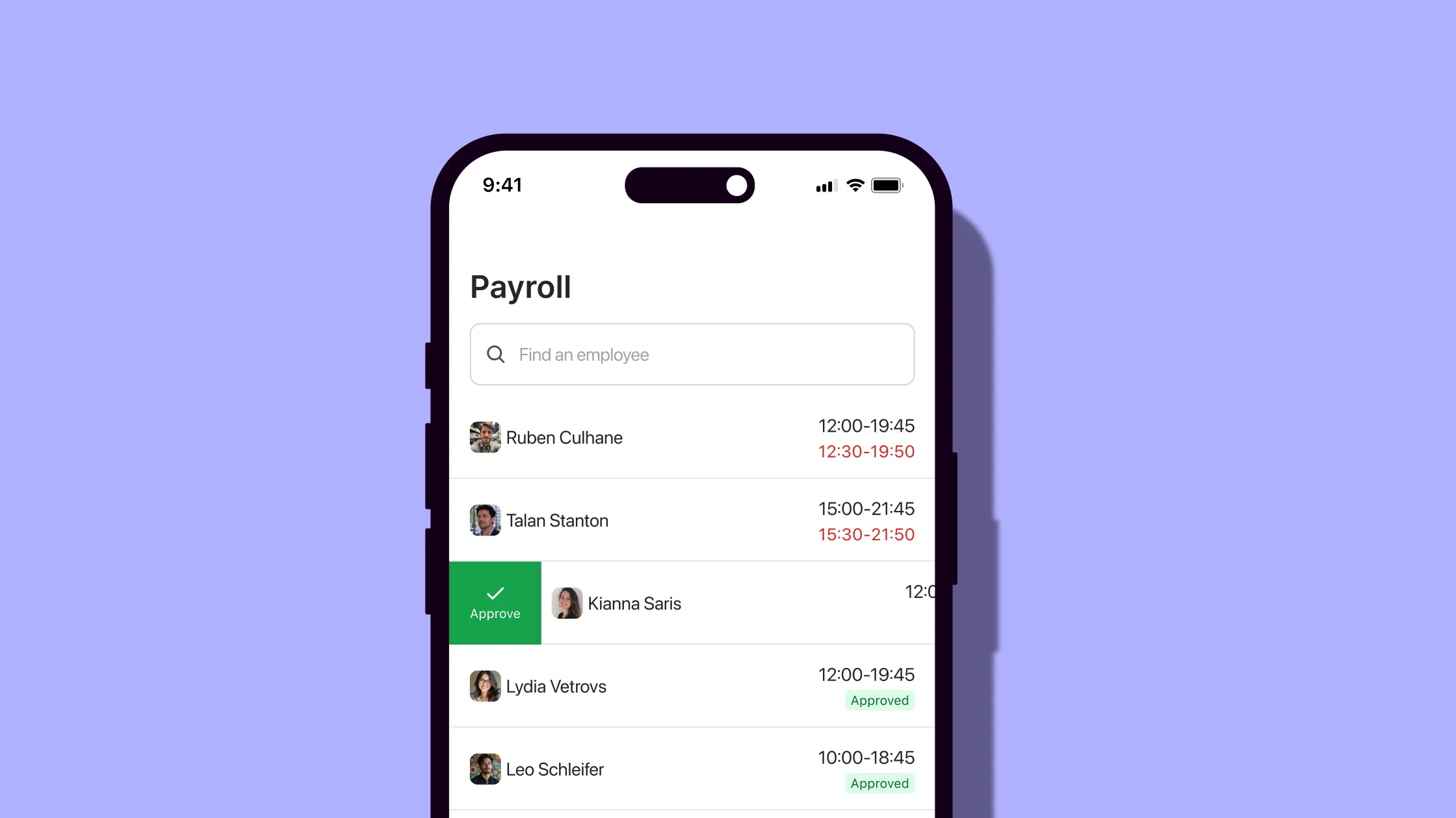 Nory payroll interface on mobile