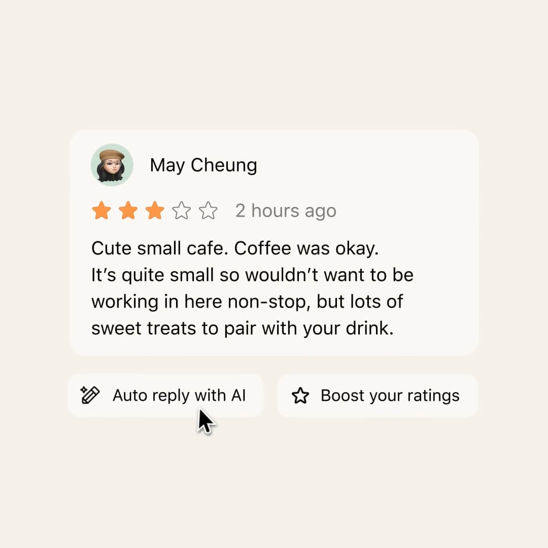 The Nory customer reviews interface showing a guest review with options to auto reply with AI or boost ratings.