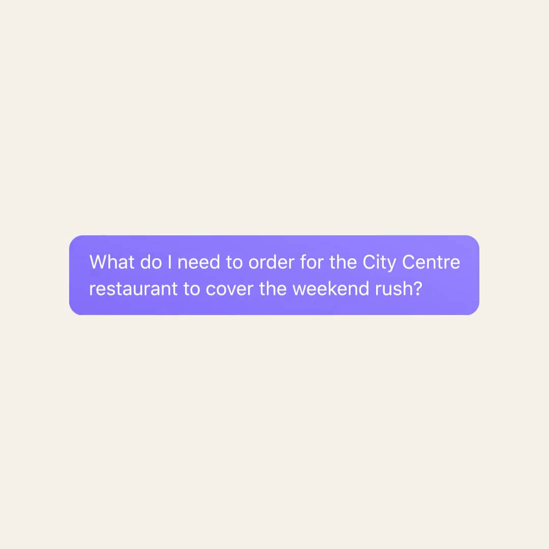 The Nory Ordering Assistant chat interface with a prompt asking what to order for the City Centre restaurant to cover the weekend rush.