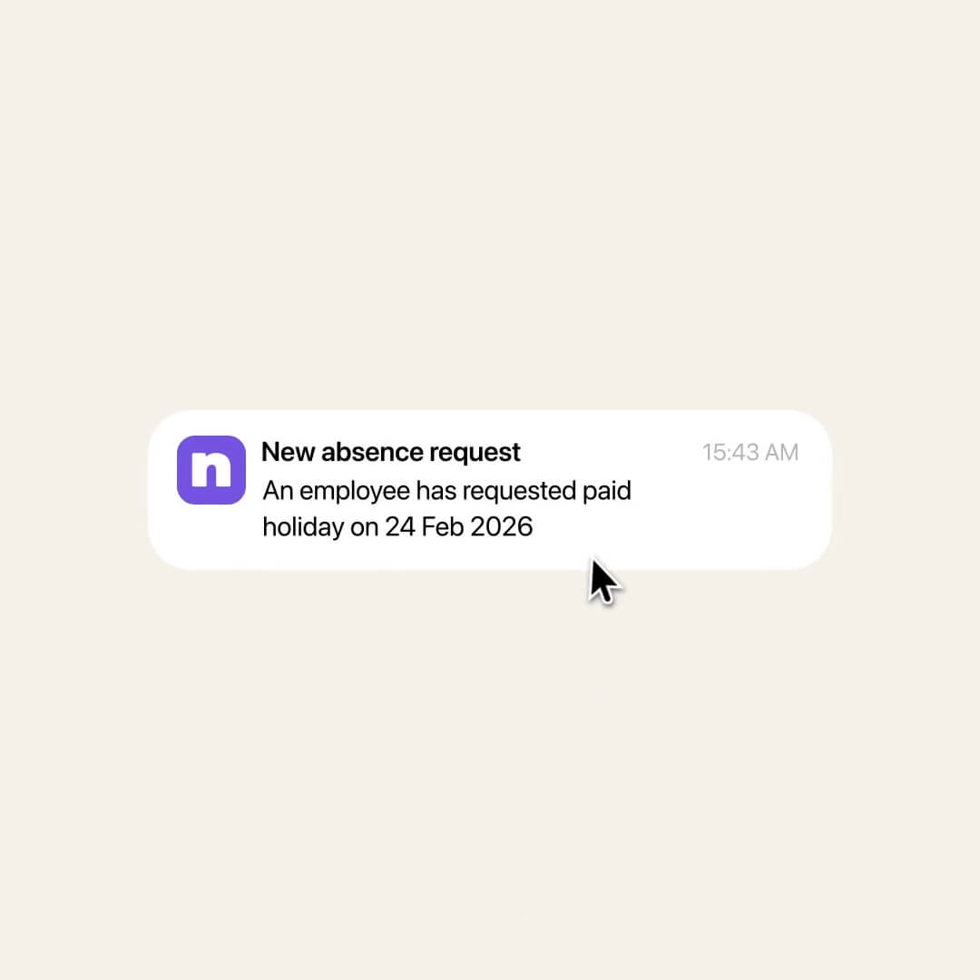 A Nory push notification alerting a manager to a new absence request for paid holiday on 24 February 2026.