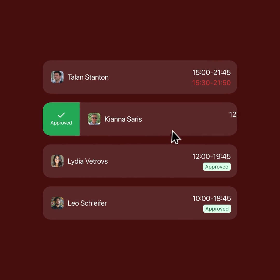 The Nory timecard approval screen showing employees being approved for their shifts, with approved statuses displayed alongside scheduled hours.