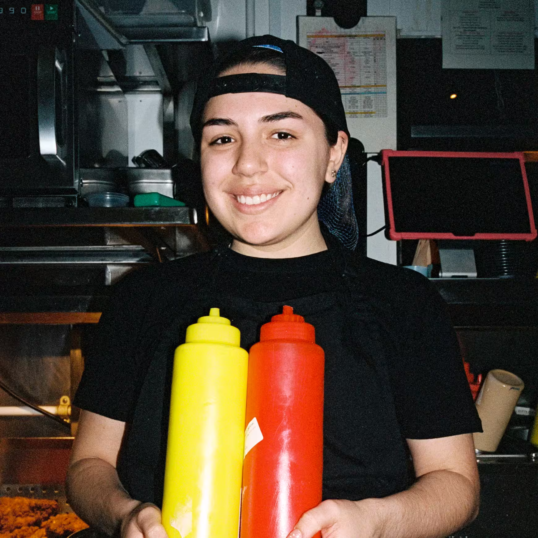 Smiling team member in a cap and apron holding mustard and ketchup bottles in a restaurant kitchen.