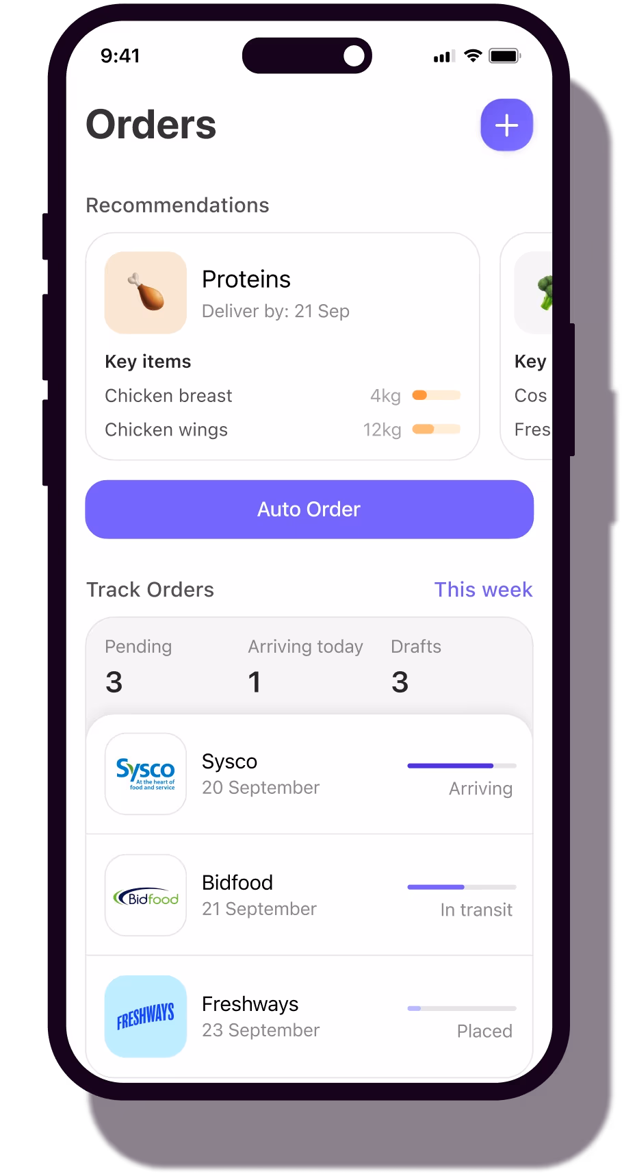 The Nory inventory orders screen showing AI-powered supplier recommendations, auto ordering, and live order tracking for Sysco and Bidfood.