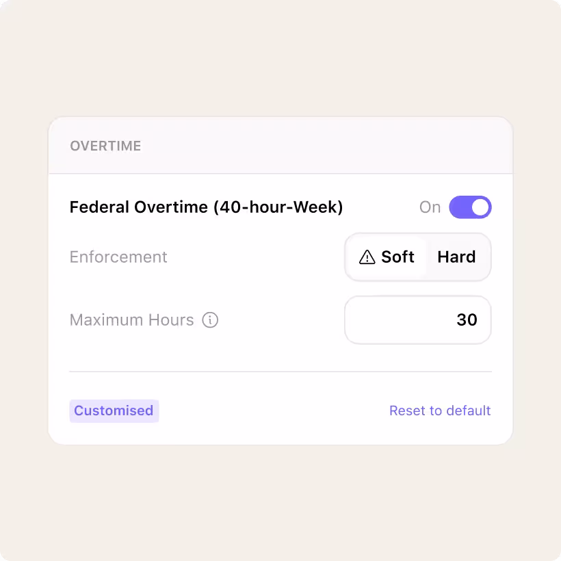 The Nory Compliance Assistant overtime settings showing federal overtime enabled with soft enforcement and a customised maximum hours threshold.
