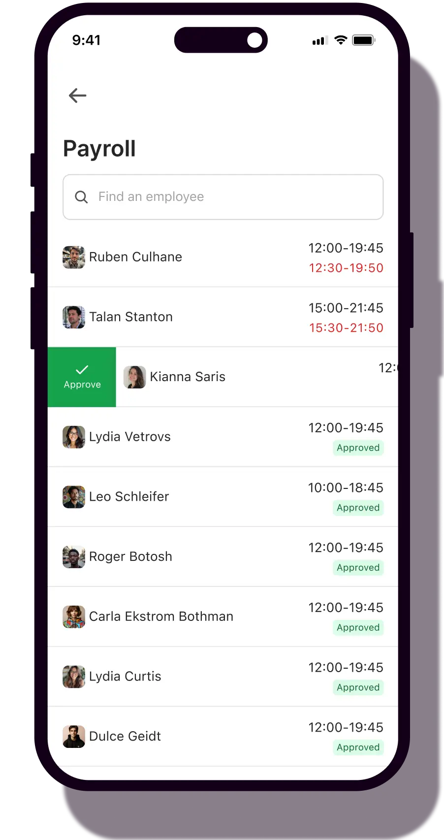 The Nory payroll screen showing a list of employees with scheduled and actual shift times, with options to approve timecards individually before the pay run is submitted.