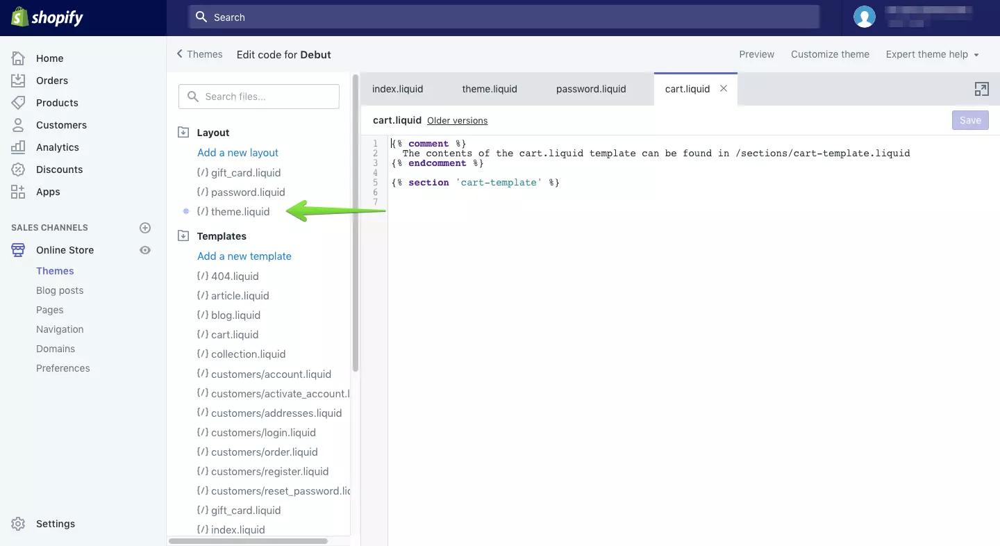 Open theme liquid file in Shopify code editor