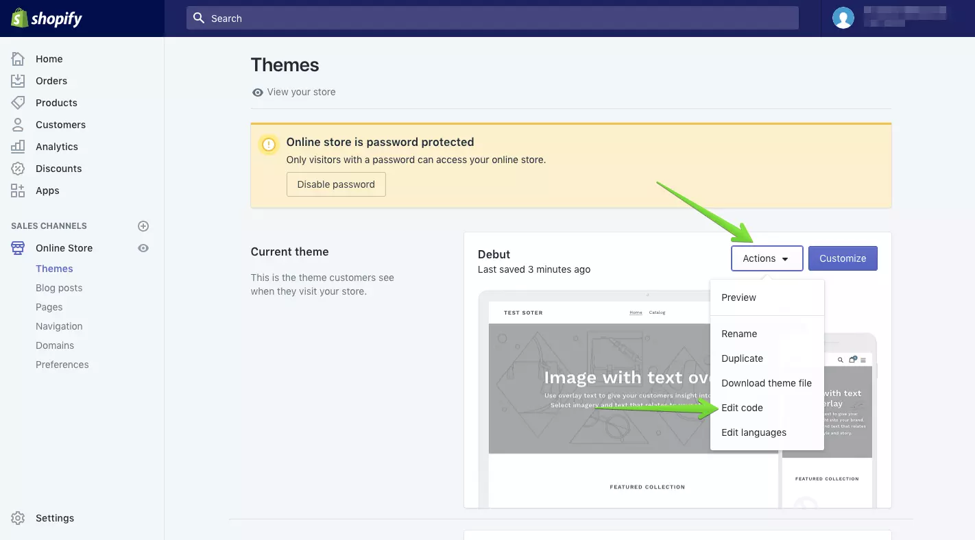 Click Actions and Edit Code in Shopify theme settings