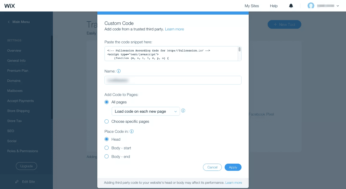 Paste FullSession code snippet in Wix