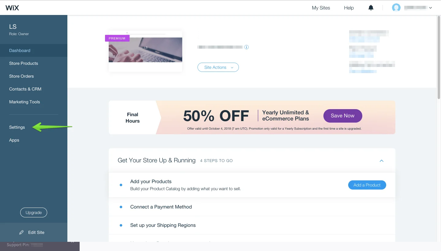Click Settings in Wix dashboard