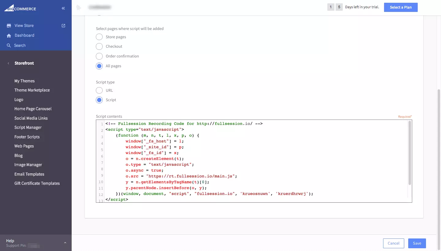 Name your Code FullSession and select the pages you want to track