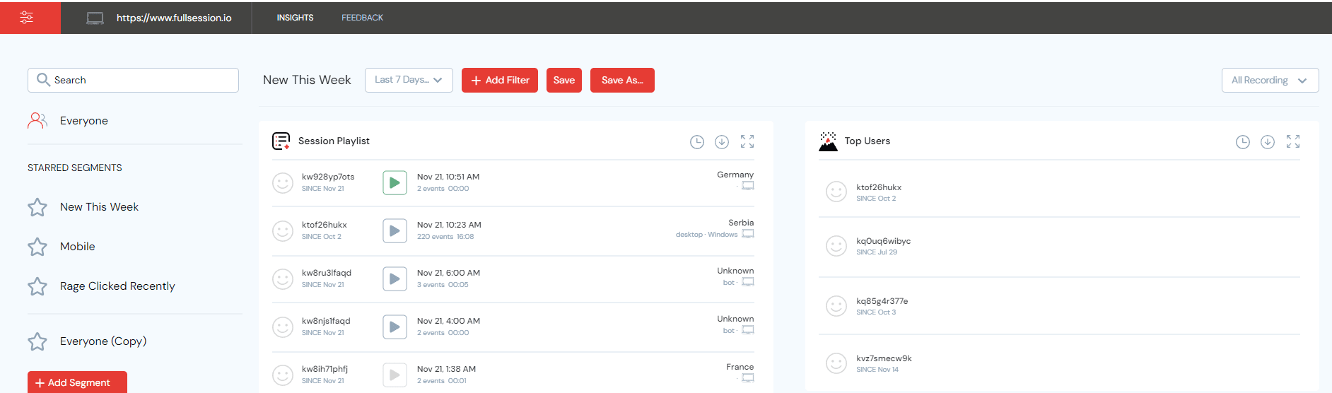 fullsession segment dashboard