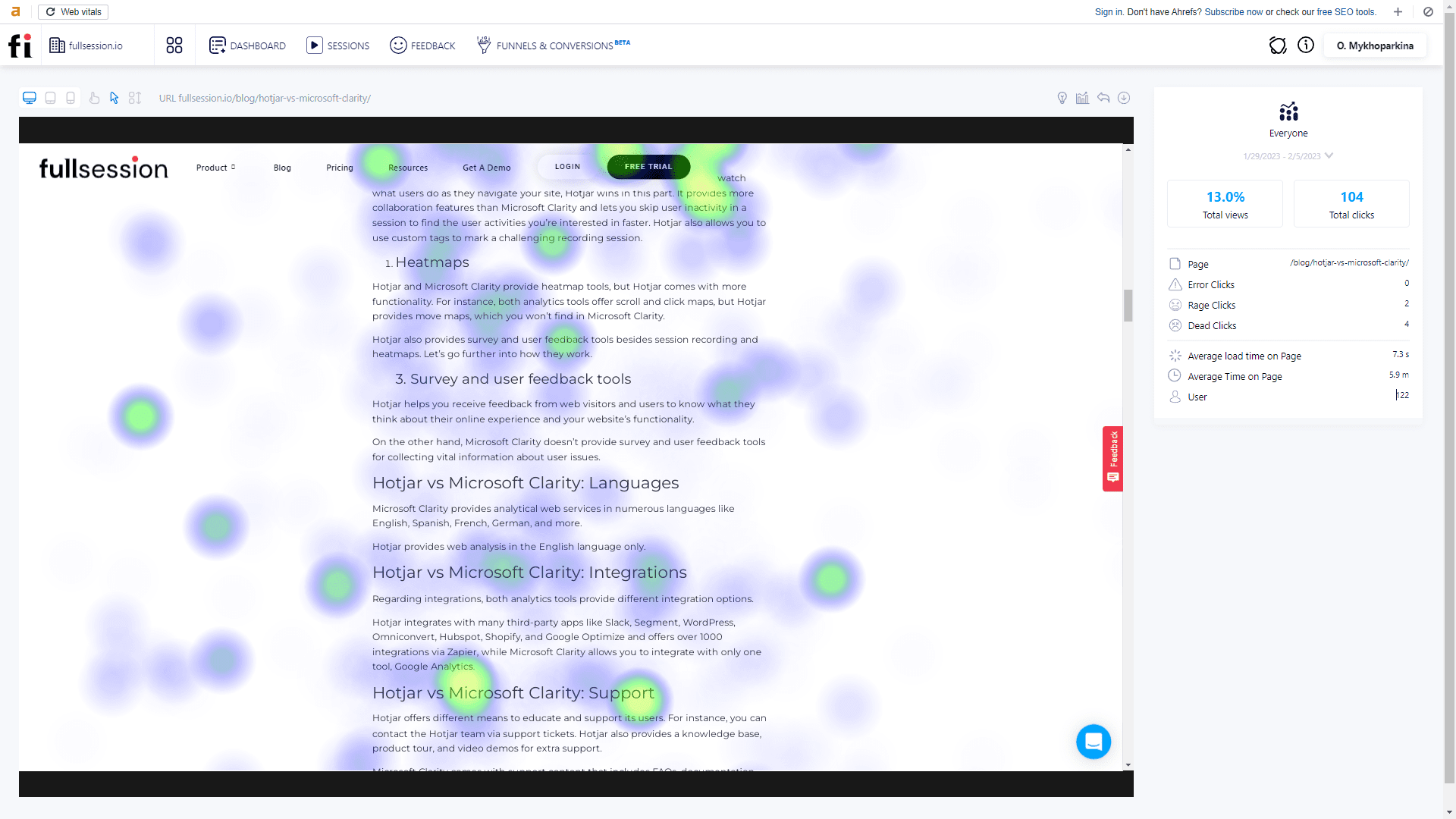 fullsession mouse movement heatmap page