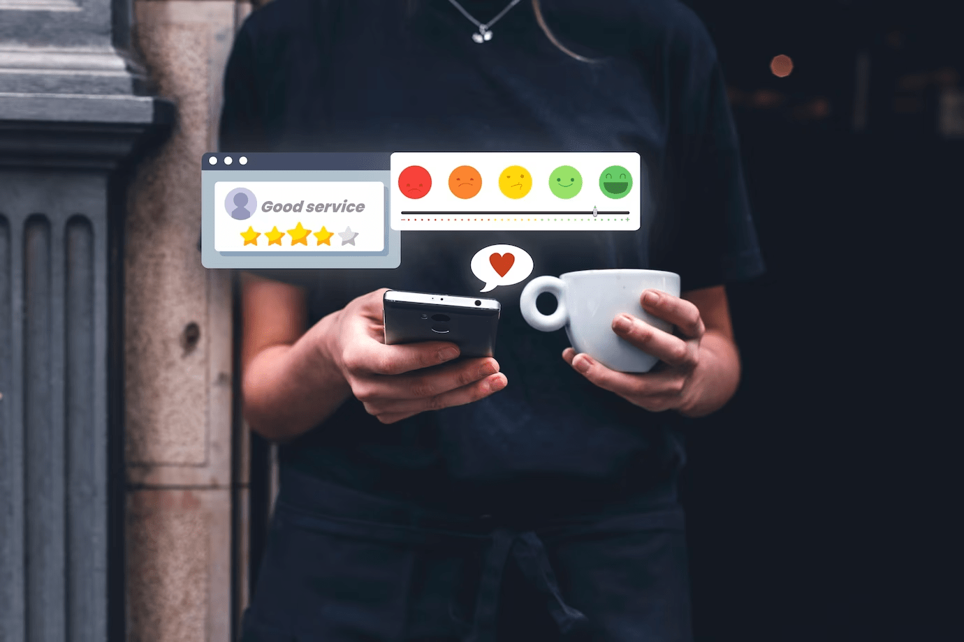 man submitting a survey on his phone while holding a cup