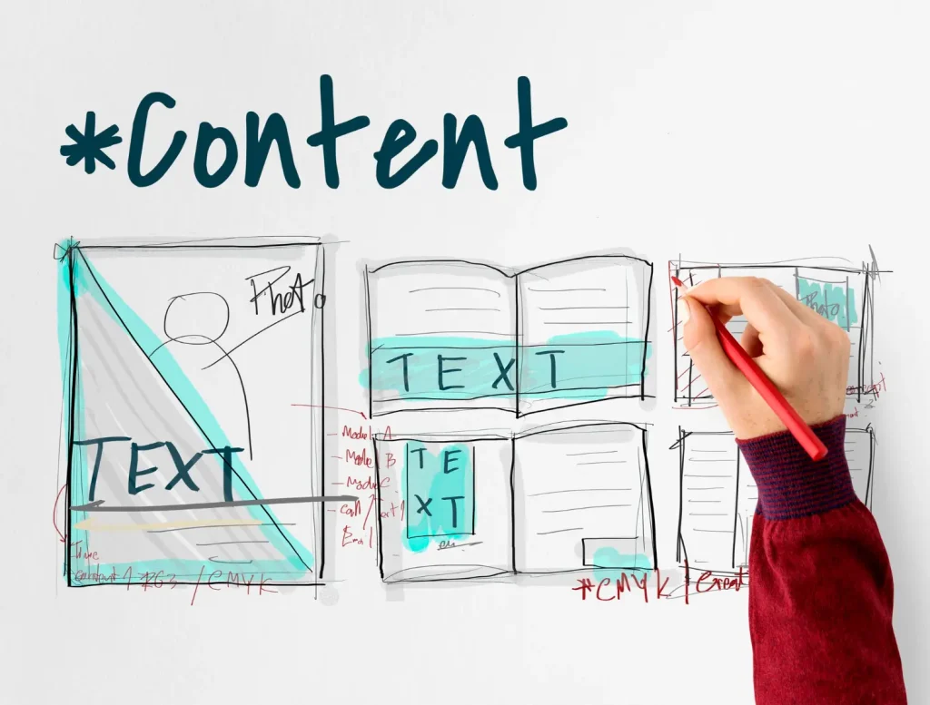 Illustration titled “What Does a Content Designer Do?” showing hand-drawn content layout sketches with text blocks, page wireframes, and a hand holding a red pencil.