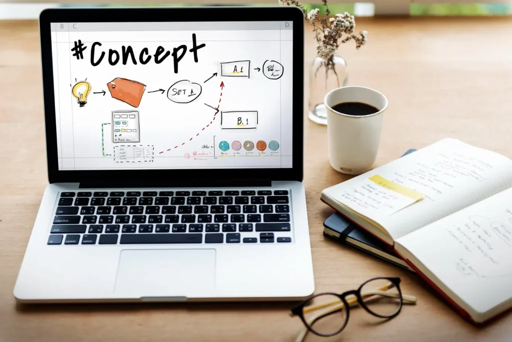 Workspace photo showing a laptop with a concept sketch on screen, alongside a notebook, coffee cup, and glasses under the heading “Top 5 Content Design Best Practices.