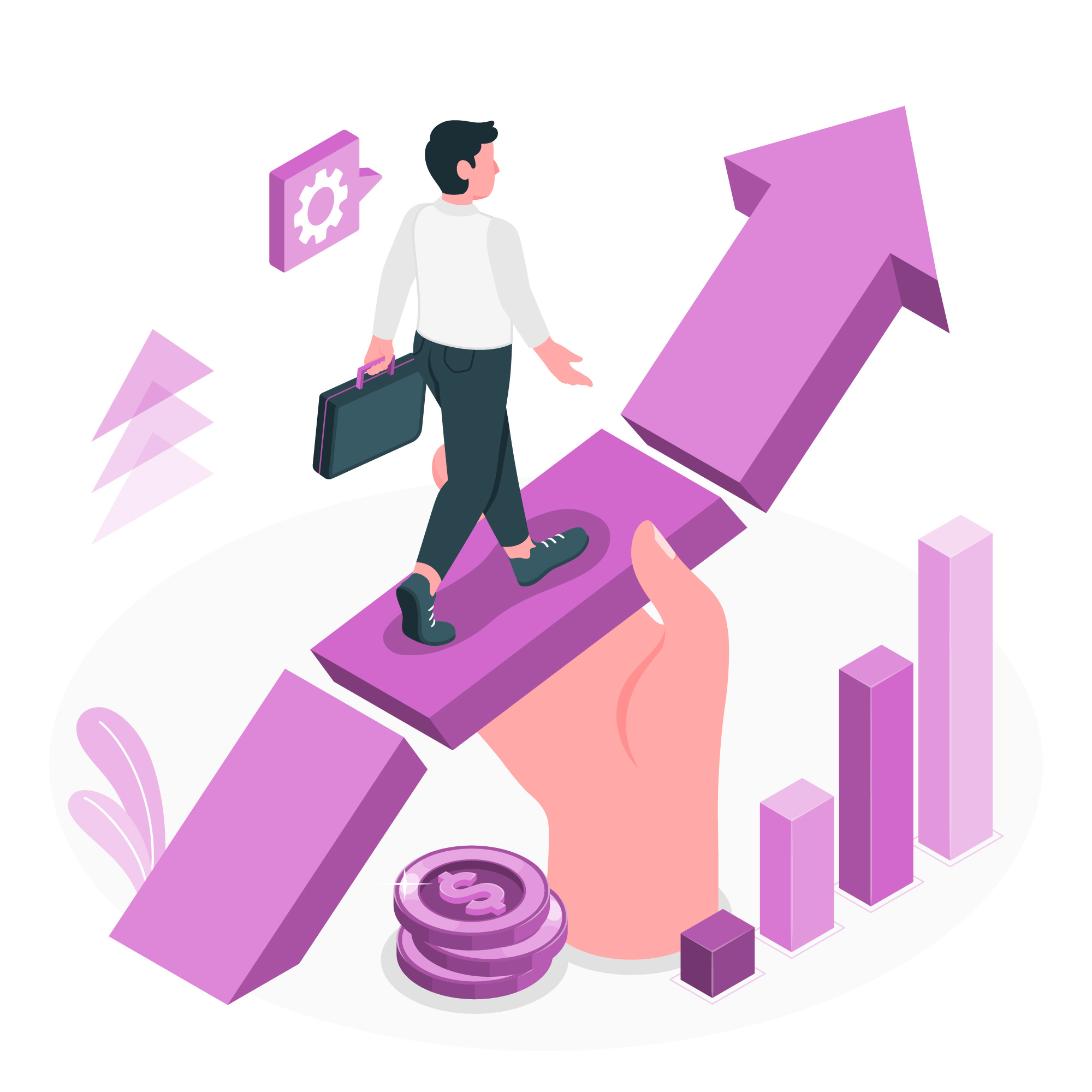 Man walking up arrow held by hand animation