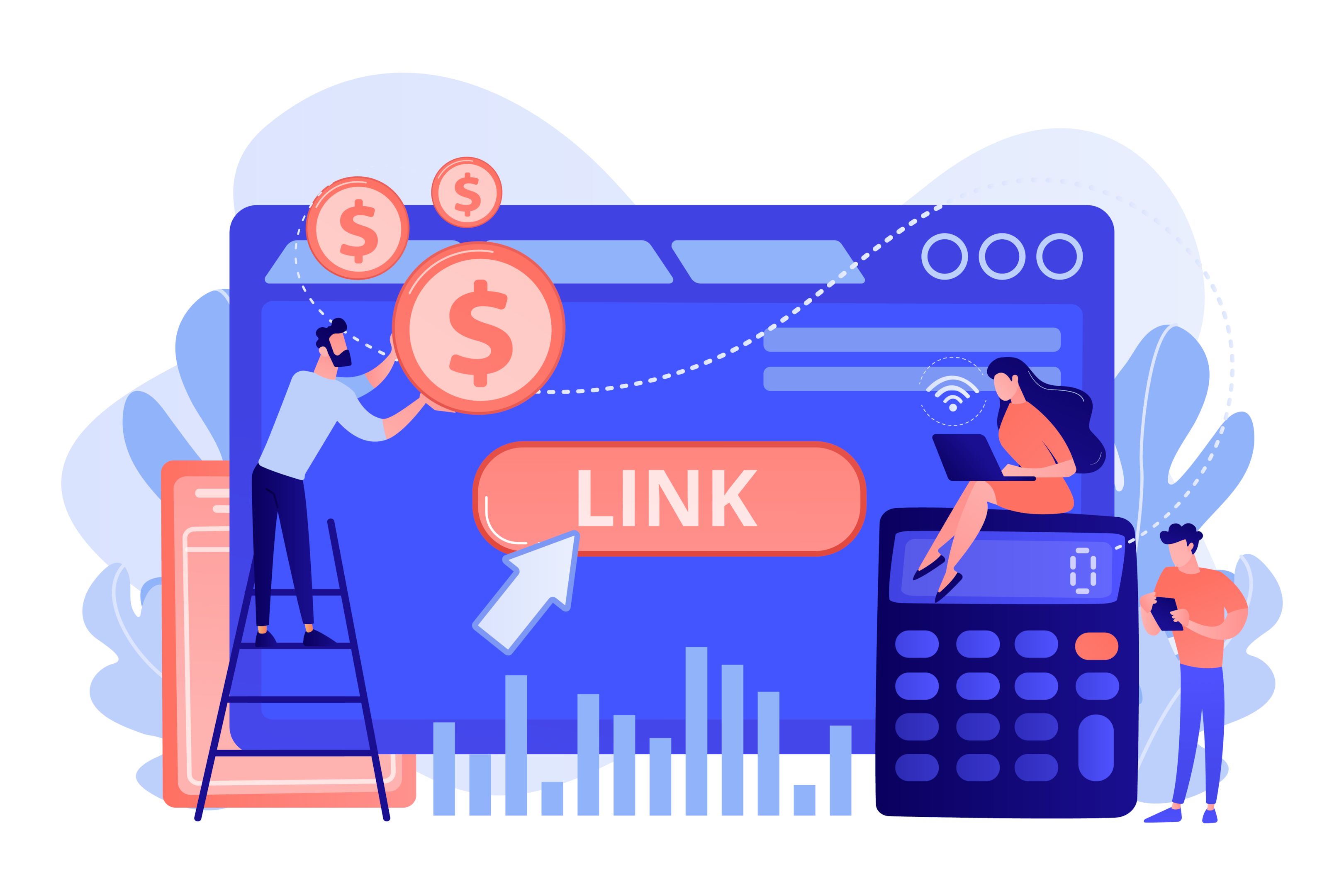 Animation of people on browser placing coins and clicking link