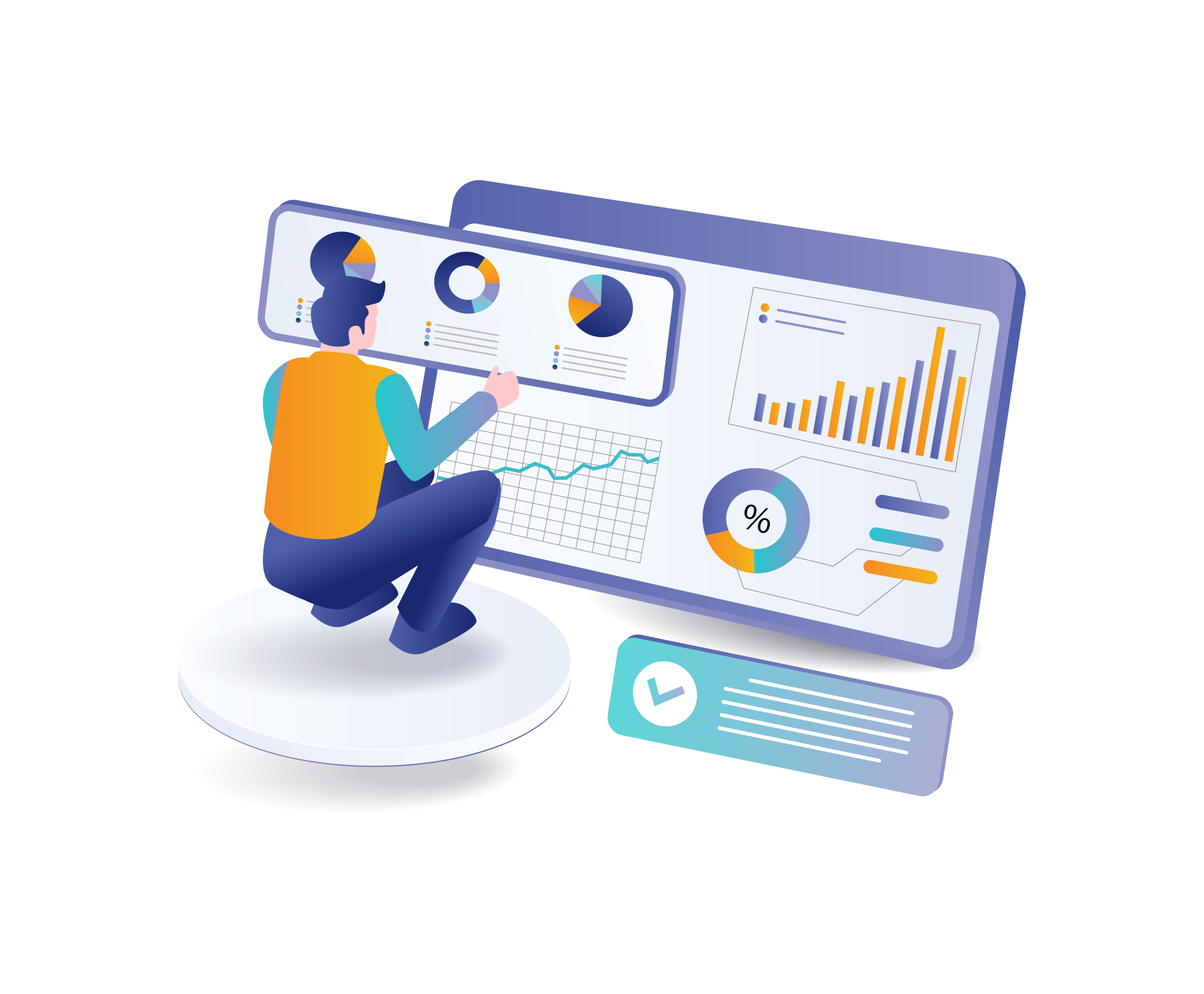Man tracking analytics on dashboard animation