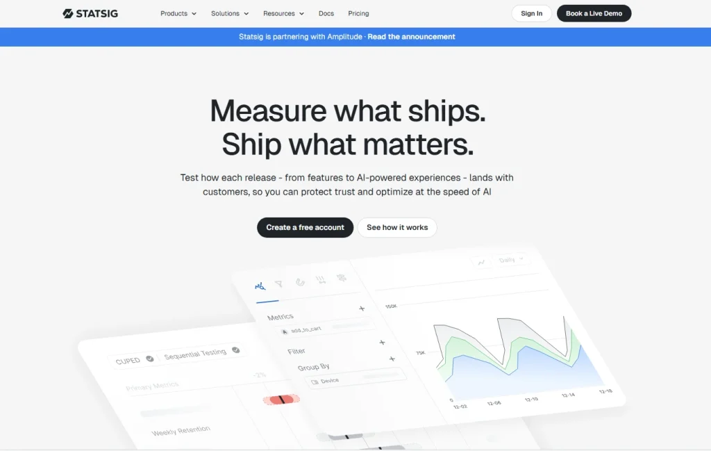 Statsig homepage highlighting feature experimentation, AI-powered testing, and product analytics dashboards for optimization.