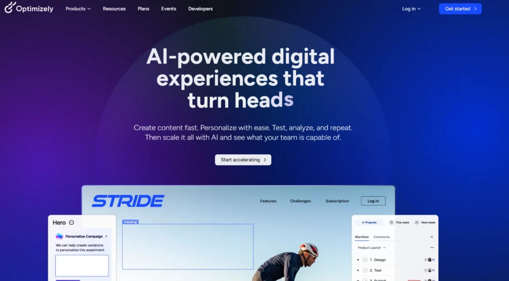 Optimizely homepage hero banner with the headline “AI-powered digital experiences that turn heads” and a website personalization interface preview with campaign and workflow panels.