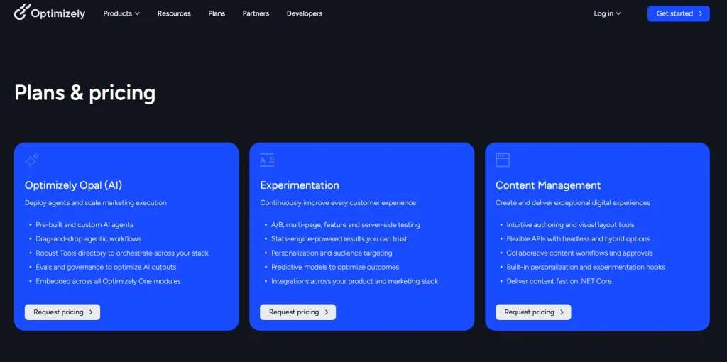 Optimizely plans and pricing page showing product categories for Optimizely Opal AI, Experimentation, and Content Management, each with feature highlights and request pricing buttons.