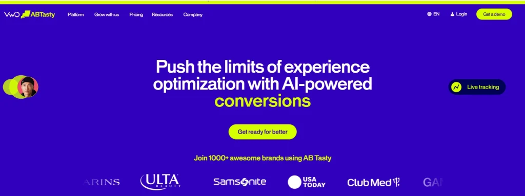Homepage banner of VWO AB Tasty showcasing AI-powered conversion optimization and live tracking features for digital experiences.