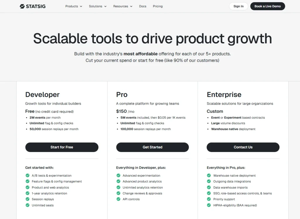 Statsig pricing page showing Developer, Pro, and Enterprise plans for experimentation, analytics, and session replay tools.