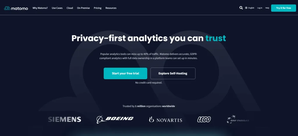 Matomo privacy-first analytics platform homepage with free trial CTA