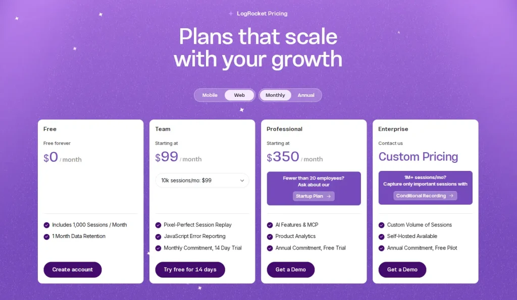 LogRocket pricing page showing Free, Team, Professional, and Enterprise plans with monthly pricing, session limits, data retention, session replay, product analytics, and demo options.