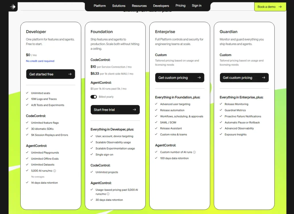 LaunchDarkly pricing page showing Developer, Foundation, Enterprise, and Guardian plans