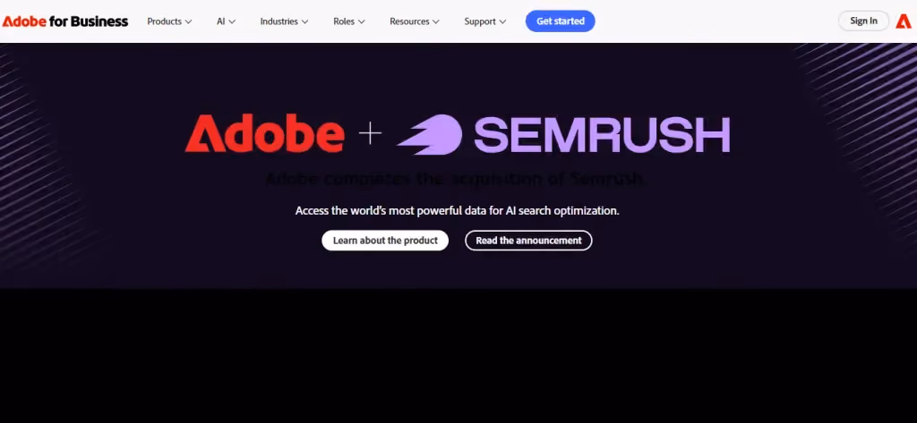 Adobe for Business homepage banner announcing the Semrush acquisition and AI-powered search optimization capabilities.