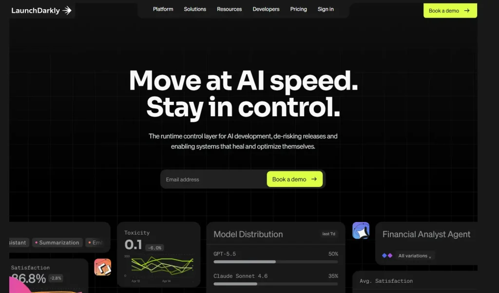 LaunchDarkly homepage promoting AI runtime control and release management