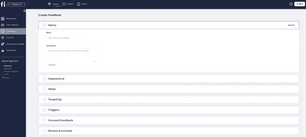 Fi dashboard screen showing the “Create Feedback” setup page with sections for name, description, appearance, steps, targeting, triggers, forwarding, and review.