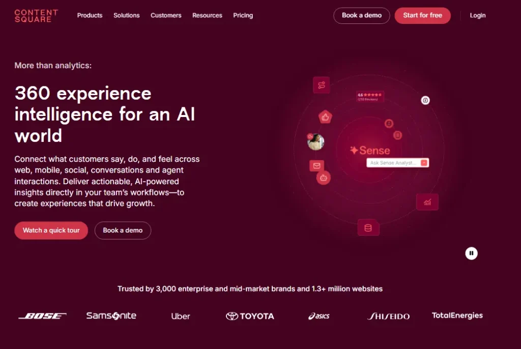 Contentsquare homepage hero banner promoting 360 experience intelligence for an AI world with AI-powered insights, CTA buttons, and brand logos on a dark red background.