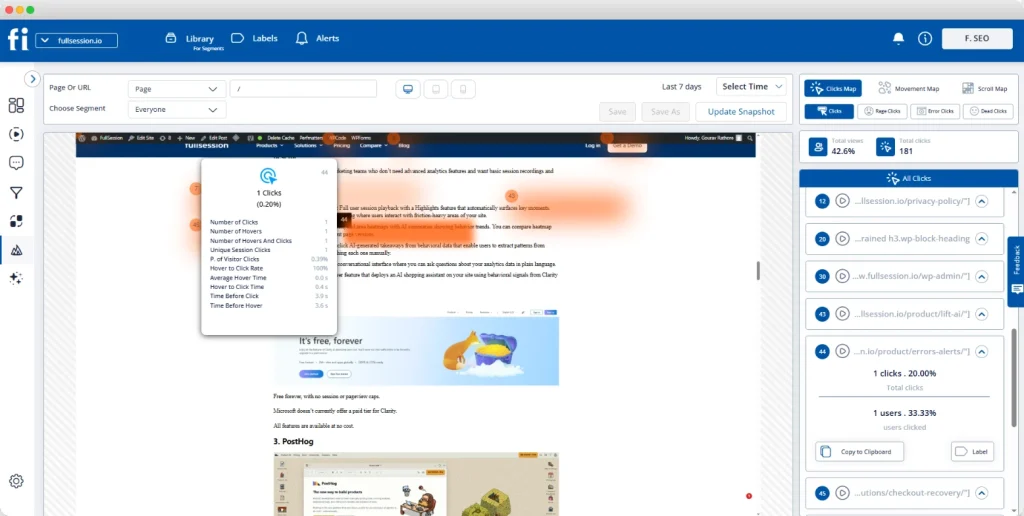 FullSession dashboard showing a heatmap overlay on a webpage with click analytics, page metrics, and a side panel listing clicked elements and user interactions.